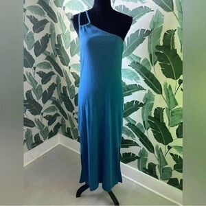 Ribbed One Shoulder Blue MIDI Dress with double side slits size L Tall
